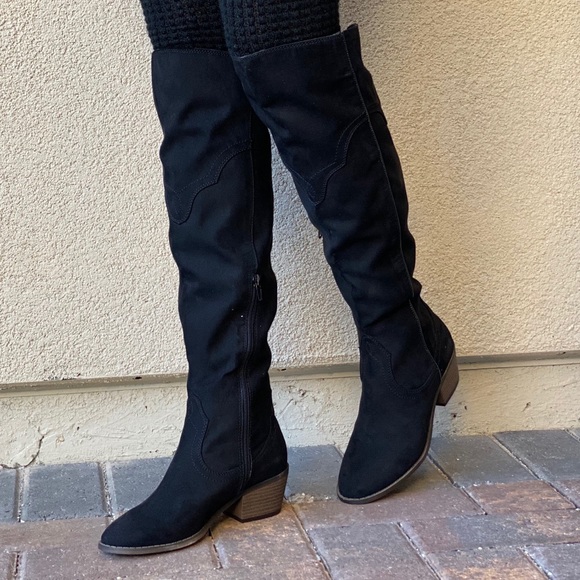 Black Western Style Over The Knee Low Heel Boots - Picture 4 of 12